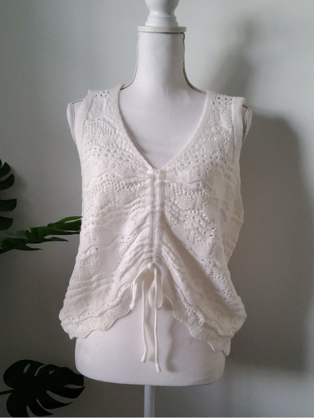 Women's Cream Knit Drawstring V-Neck Tank Top
